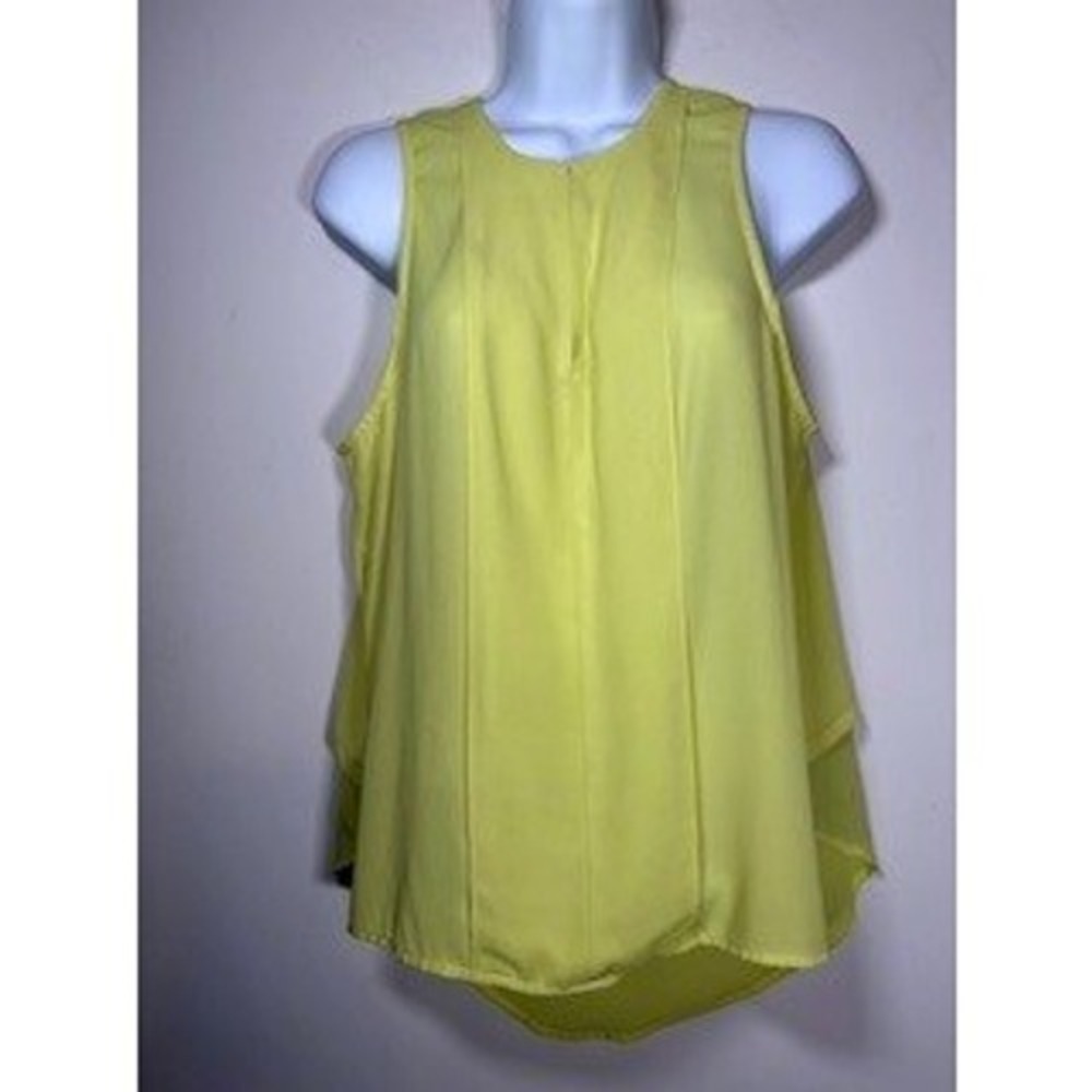 MAEVE Anthropologie Sleeveless Blouse 6 Neon Yellow Layered High Low Pleated Top